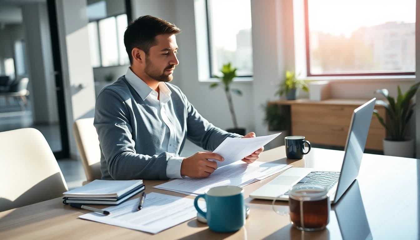 Florida Public Adjuster consulting clients in a bright office setting with documents and a laptop.