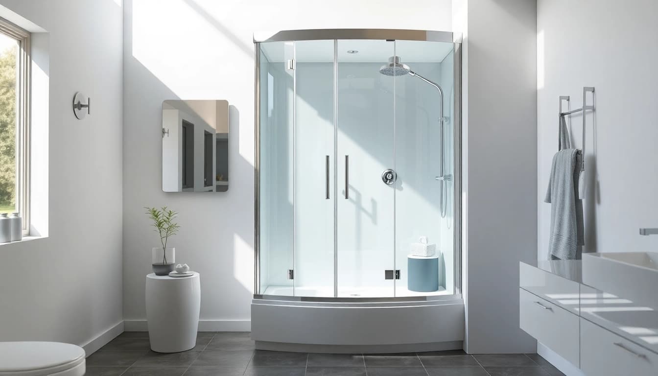 Duschkabine 90x90 komplett in einem modernen Badezimmer-Design mit stilvollen Details und glänzenden Oberflächen.