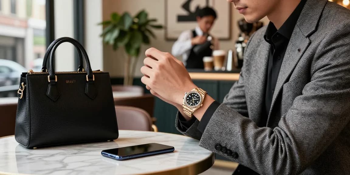 Elegant individual wearing a Rolex replica watch in a stylish cafe, showcasing luxury and sophistication.