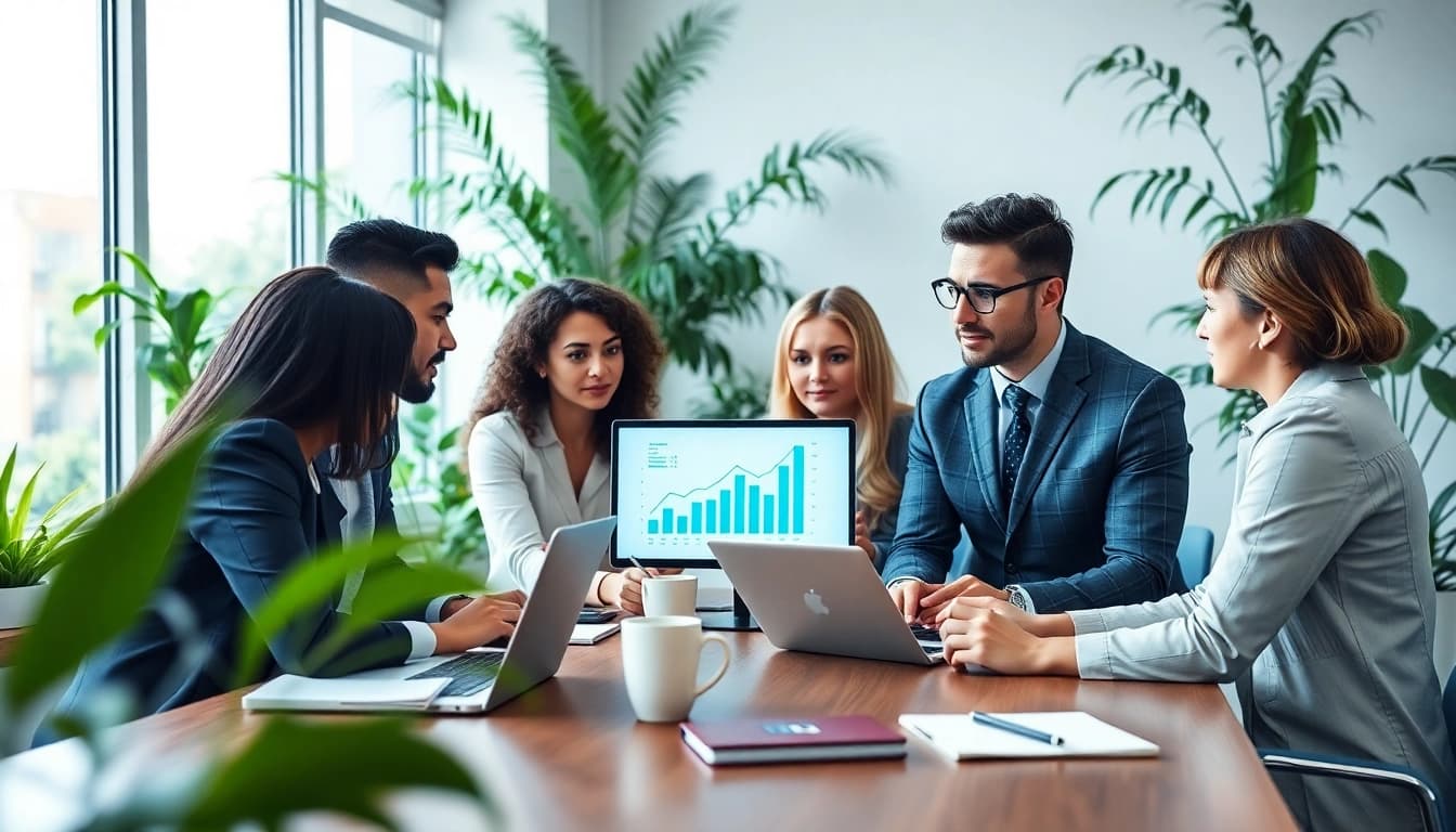 Team analyzing business growth insights during a strategic meeting in a modern office.