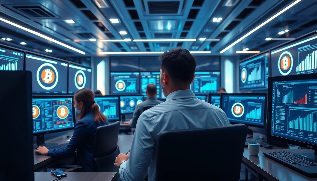 Visually engaging scene of bitcoin cloud mining with digital interfaces and a diverse team of professionals.