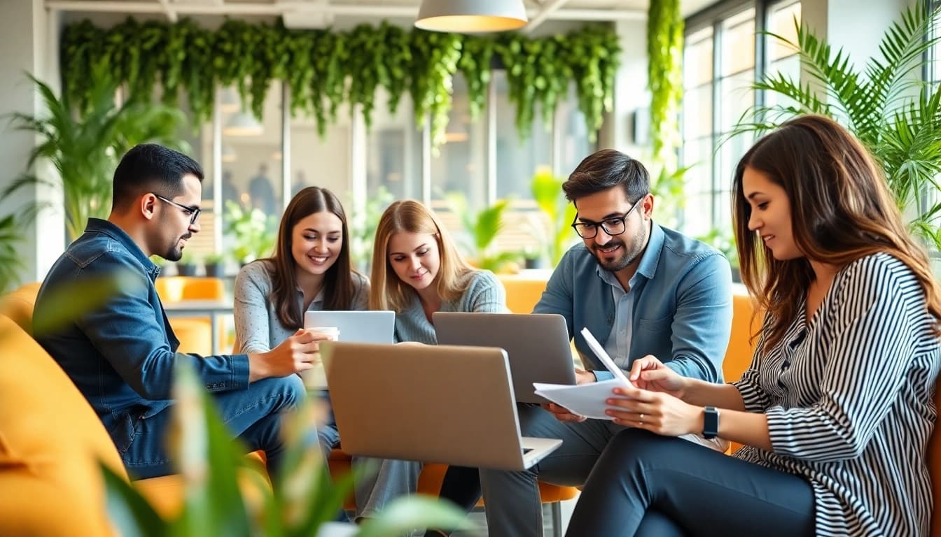 Engaged professionals discussing small business jobs in a vibrant co-working space.