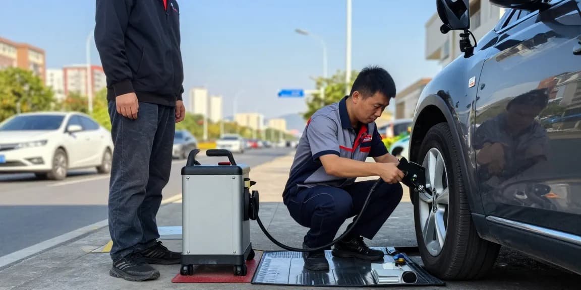 Expert technician performing contamination in fuel tank service on vehicle during roadside mobile recovery.