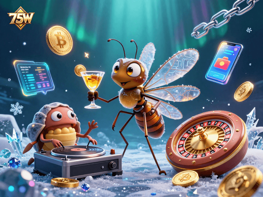 Aposte no 75W com um cassino digital vibrante, destacando um mosquito em âmbar e um DJ fosilizado.