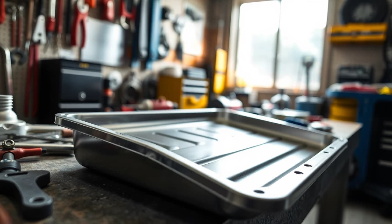 Oil Drain Pan showcasing its sleek design in a bright workshop setting with automotive tools.