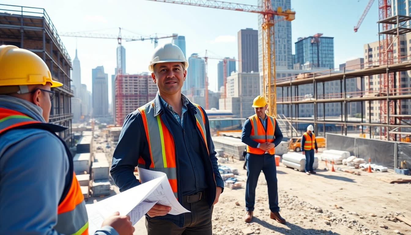 New York City Construction Manager guiding a team on a vibrant construction site.