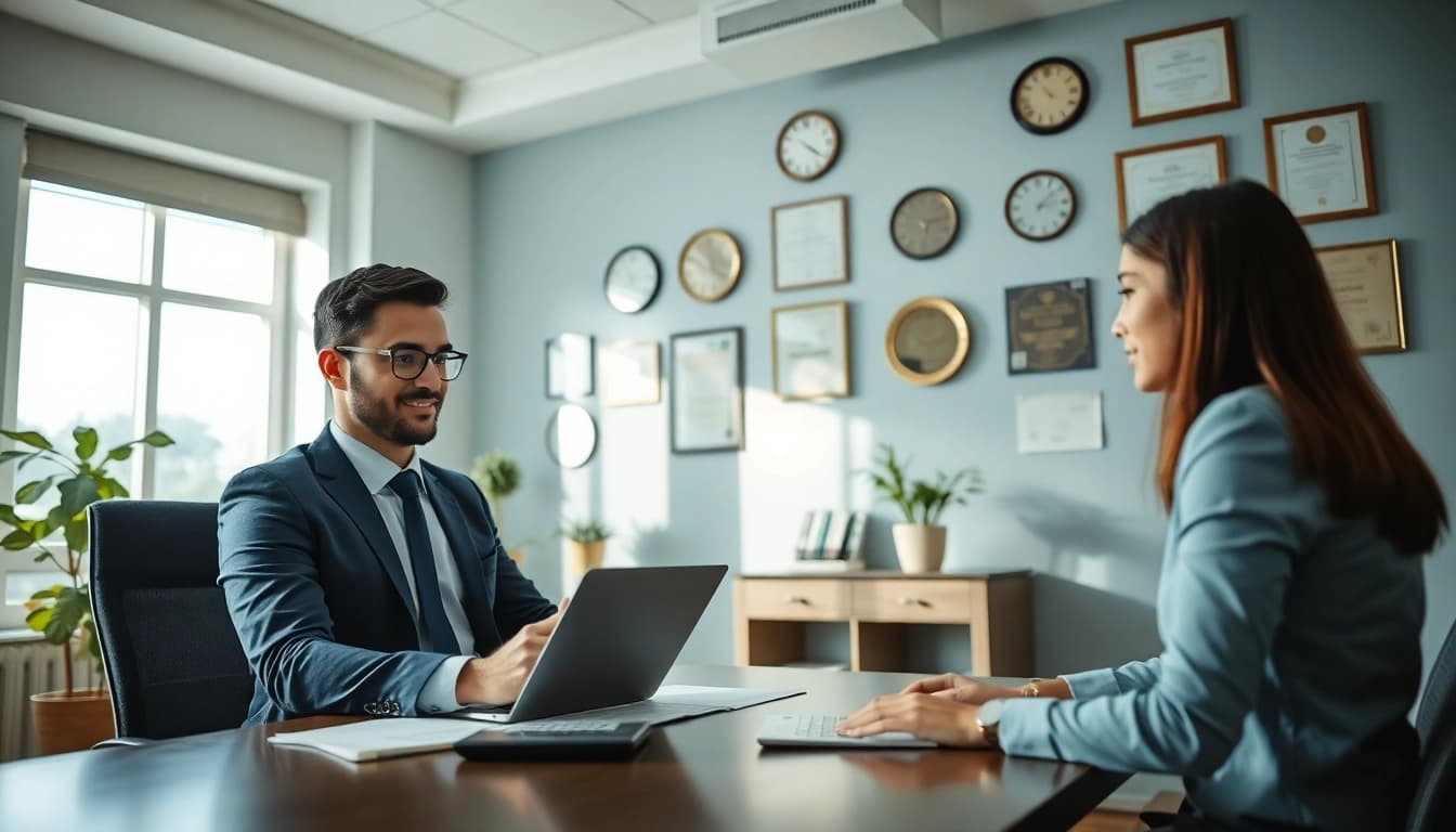 Superfund accountant consulting clients with financial charts in a professional office.