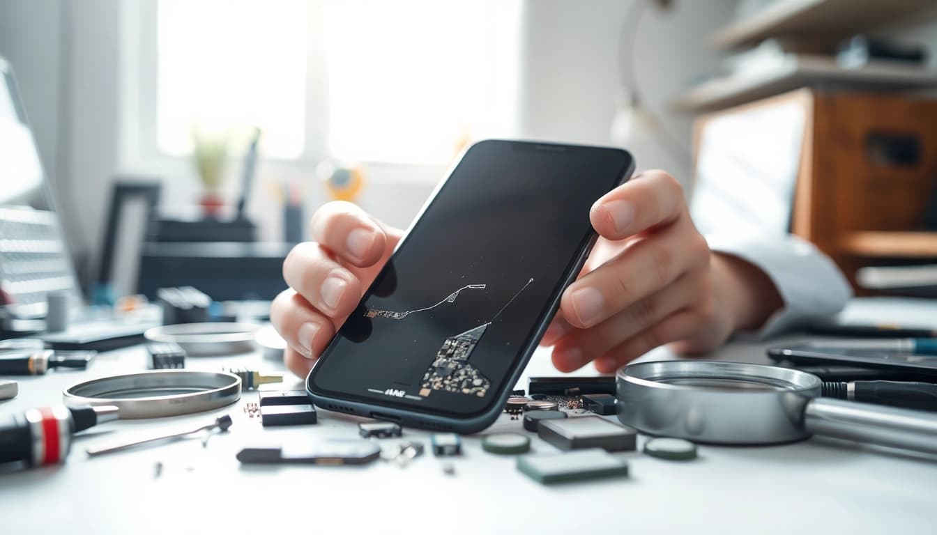 Engaging scene of a broken phone buyer assessing a damaged smartphone and repair tools.