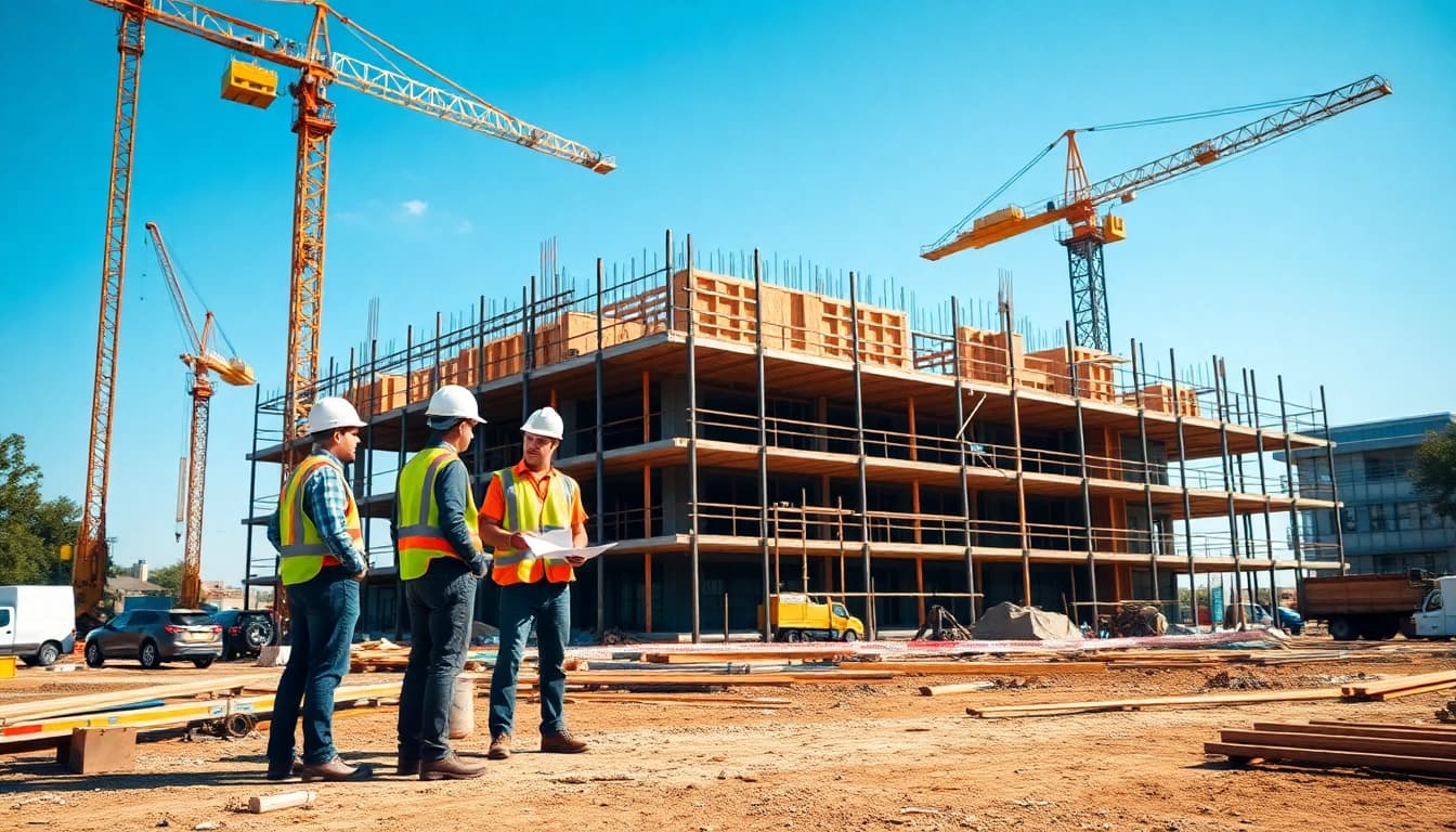 Showcasing Austin construction with builders at work on a vibrant site.