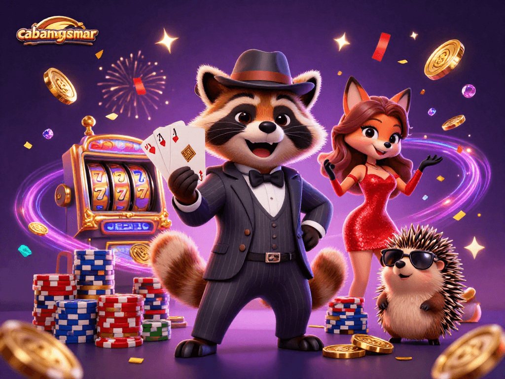 Rasakan keseruan bermain di cabangsemar dengan rakun berbaju jas memegang kartu royal flush dan teman-teman yang siap bersenang-senang.