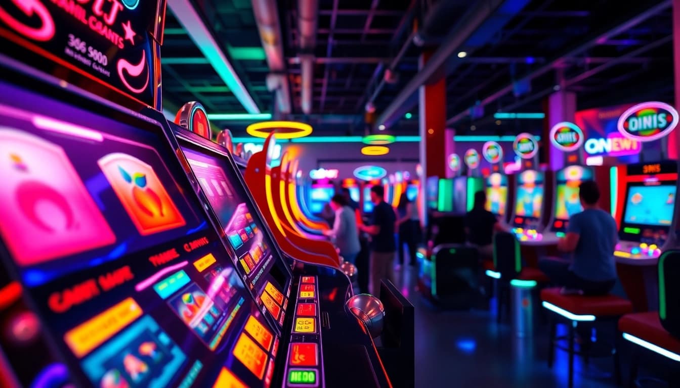 Permainan slot deposit 1000 qris dalam lingkungan arcade yang ceria dan penuh energi.