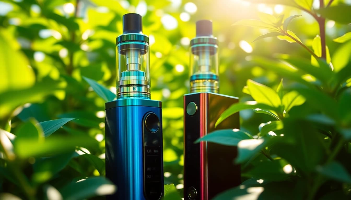 Vape ohne nikotin in einer ruhigen Umgebung mit frischem Grün und Wärme.