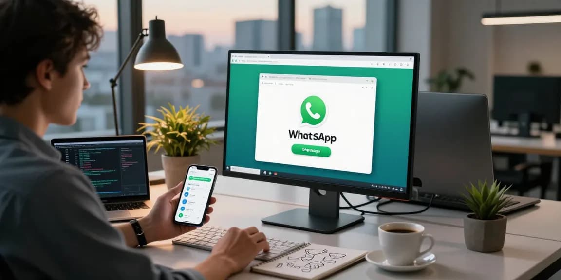 Professional using WhatsApp電腦版 in a modern office workspace with technology elements.