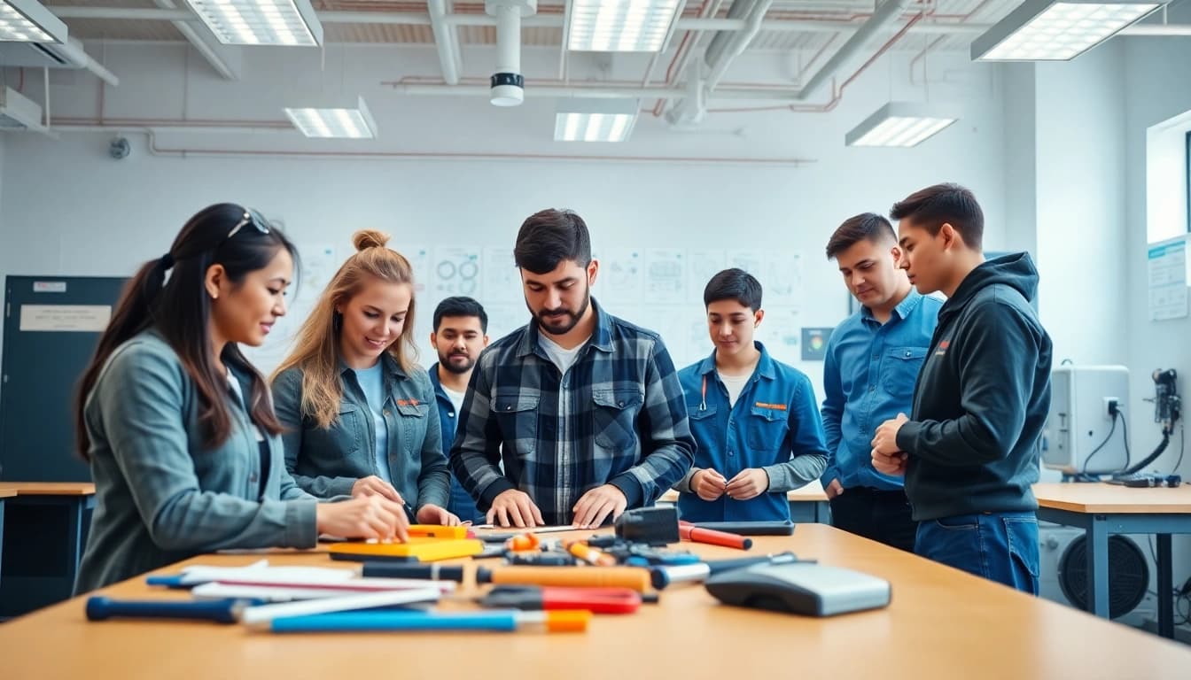 Students at an electrician trade school in Colorado actively learning hands-on electrical skills.