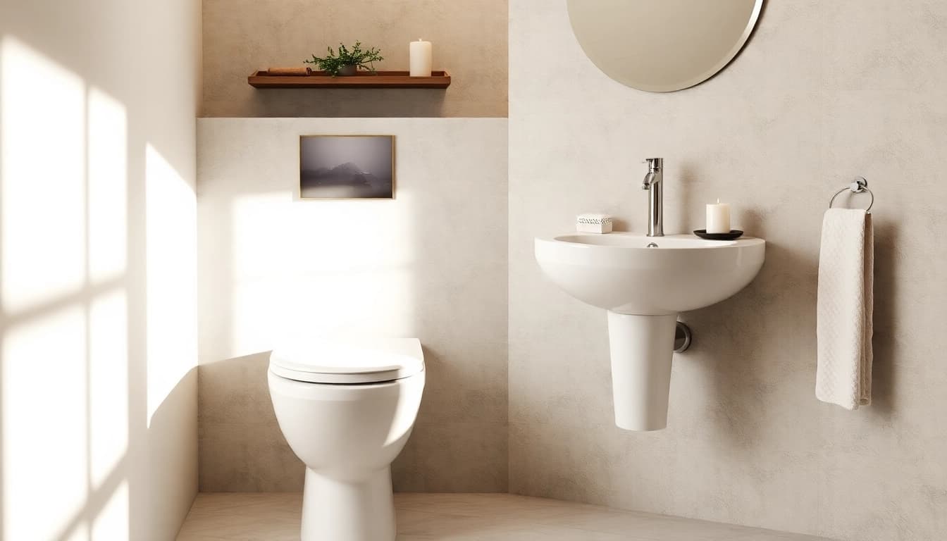 Copri wc elegante in un bagno moderno con dettagli raffinati e atmosfera calma.