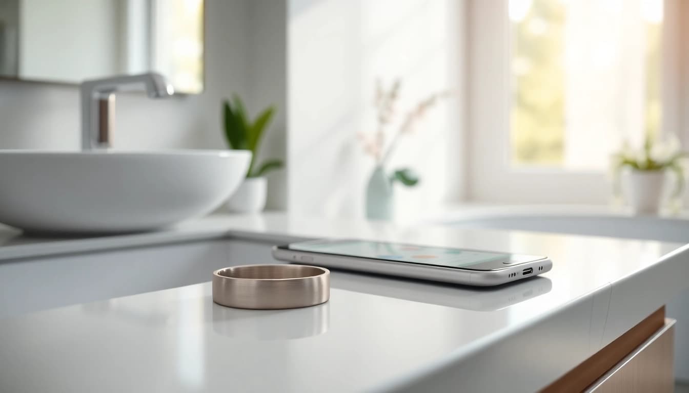 Explore the features of the Smart Health Ring resting elegantly on a modern counter.