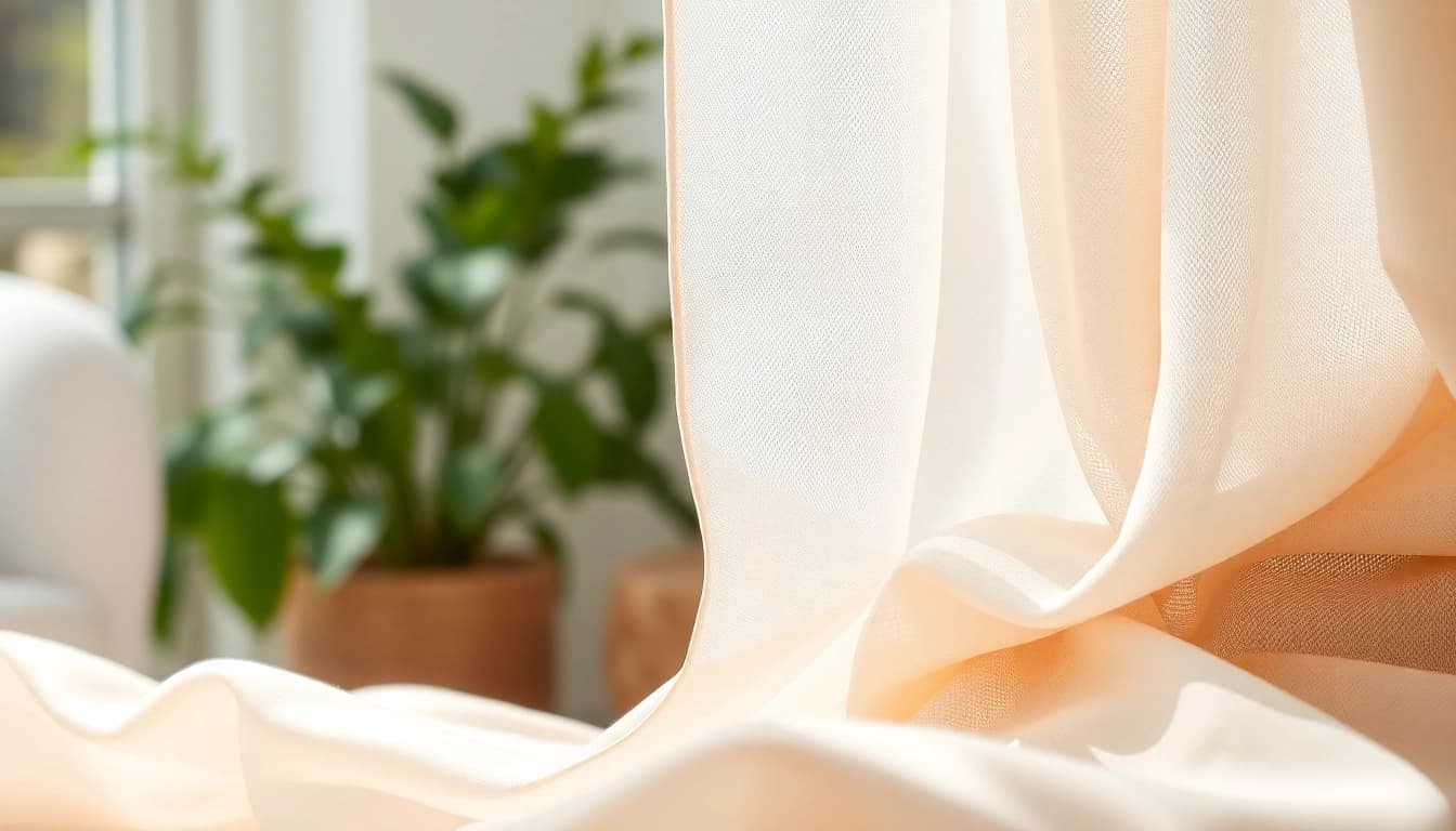 Voile stof draping elegantly over textures, showcasing its soft quality en transparantie.