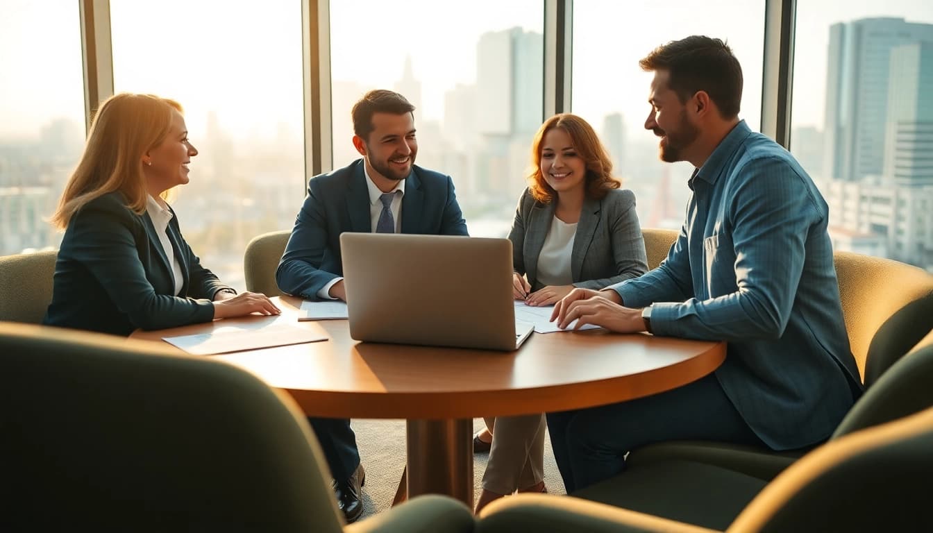 Luxembourg family holding discusses investments in a modern office setting with a city view.