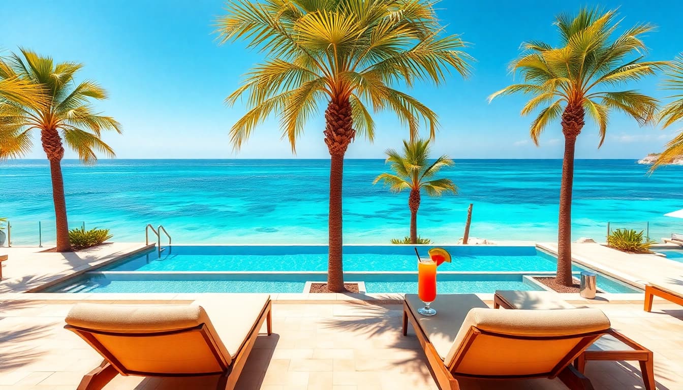 Enjoy a relaxing moment featuring a luxury Cabo vacation with a picturesque resort pool and ocean view.