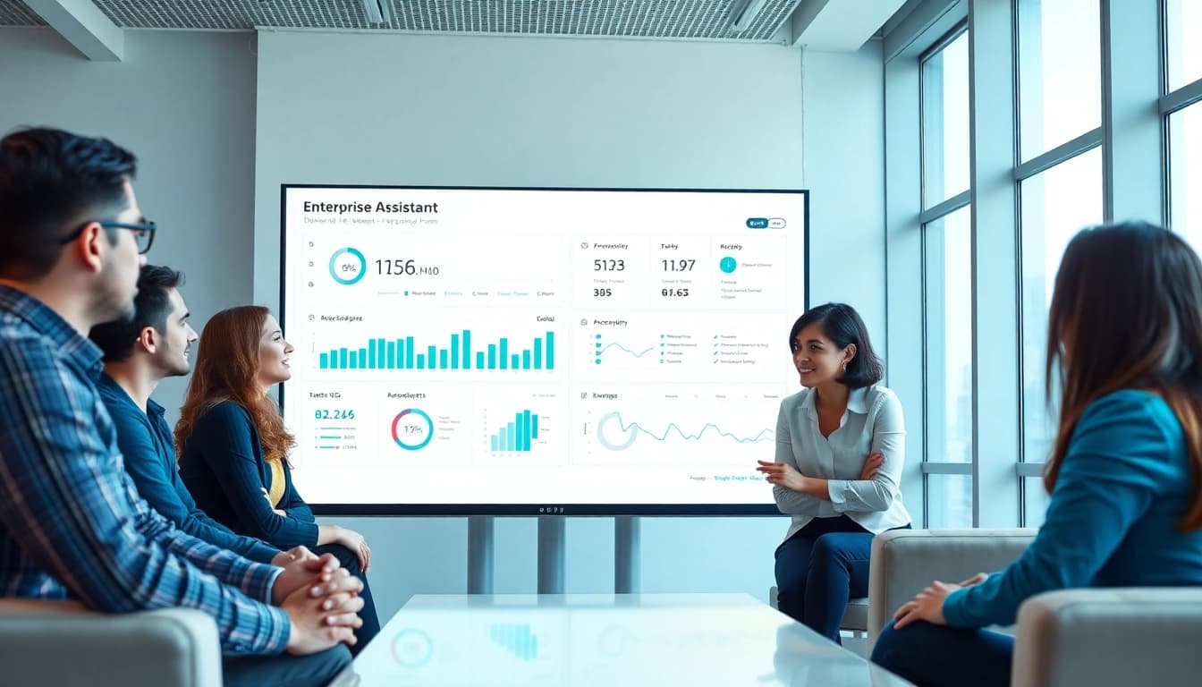 Visualize how enterprise assistant software enhances teamwork and productivity in a modern office.