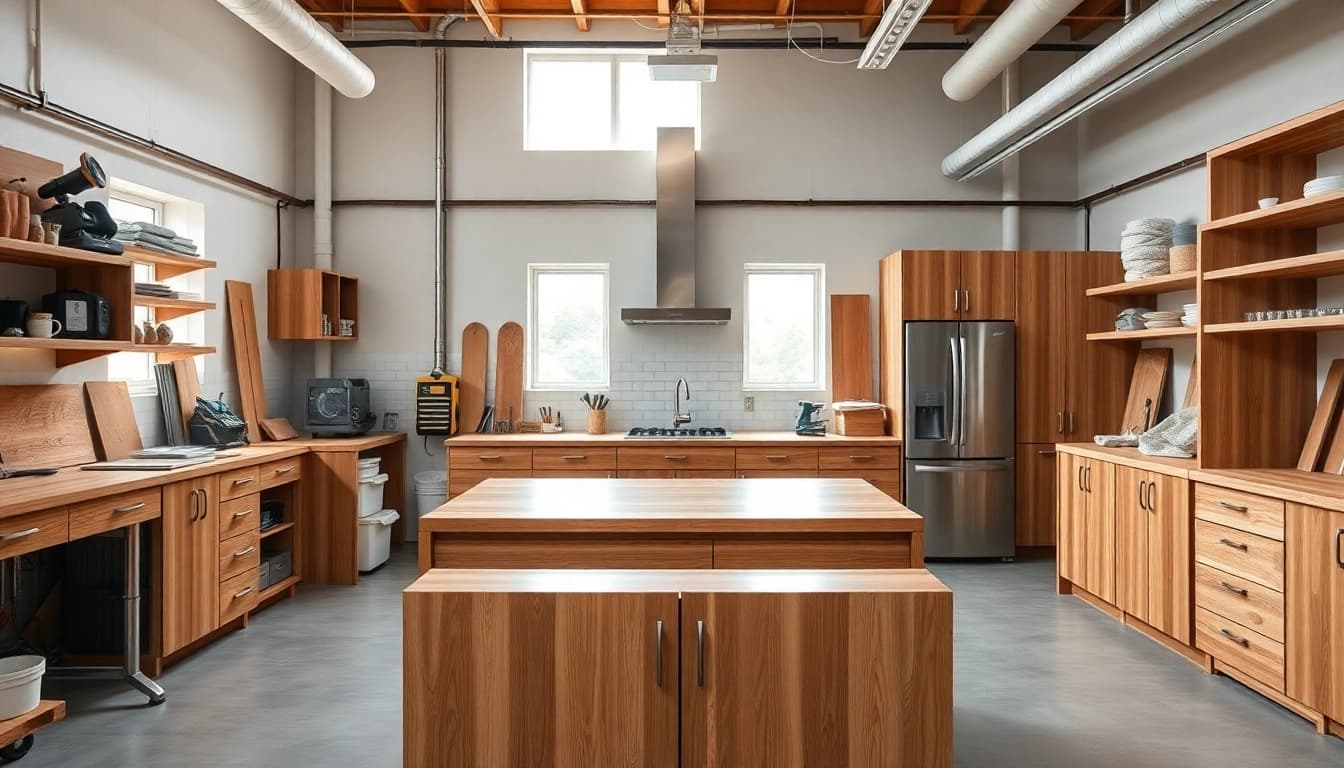 Cabinet Refacing Saint Petersburg FL showcasing a modern workshop with sleek cabinets and tools.