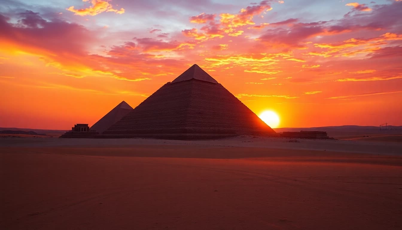 Fascinating view of piraminds under a vibrant sunset showcasing rich colors and textures.