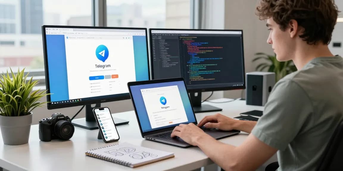 Focused individual downloading telegram中文版下载 in a modern workspace with multiple screens.