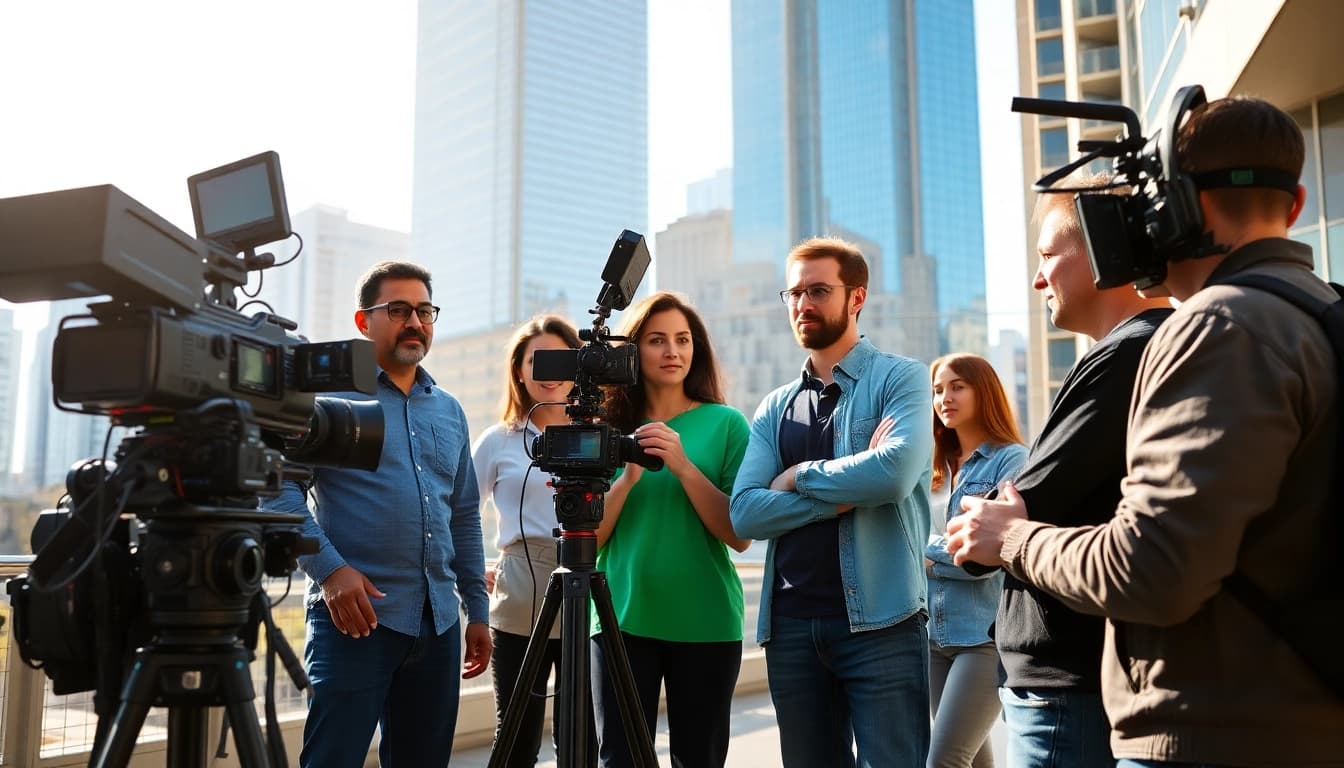 Creative Video Production Agency team collaborating on a video shoot in an urban environment.