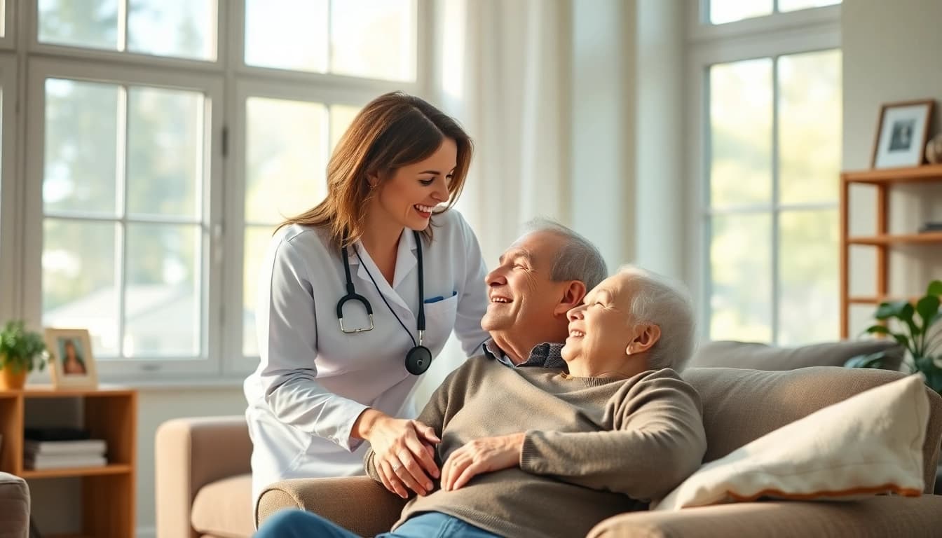 Engaging scene of austin senior home care, featuring caregiver and elderly man in a cozy living room.