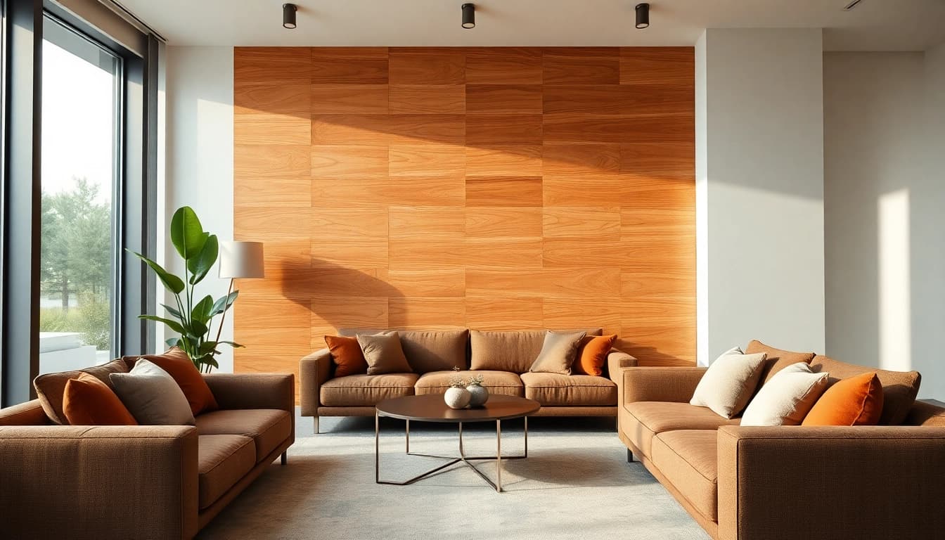 Stylish wall boards transforming a modern living room into a warm and inviting space.