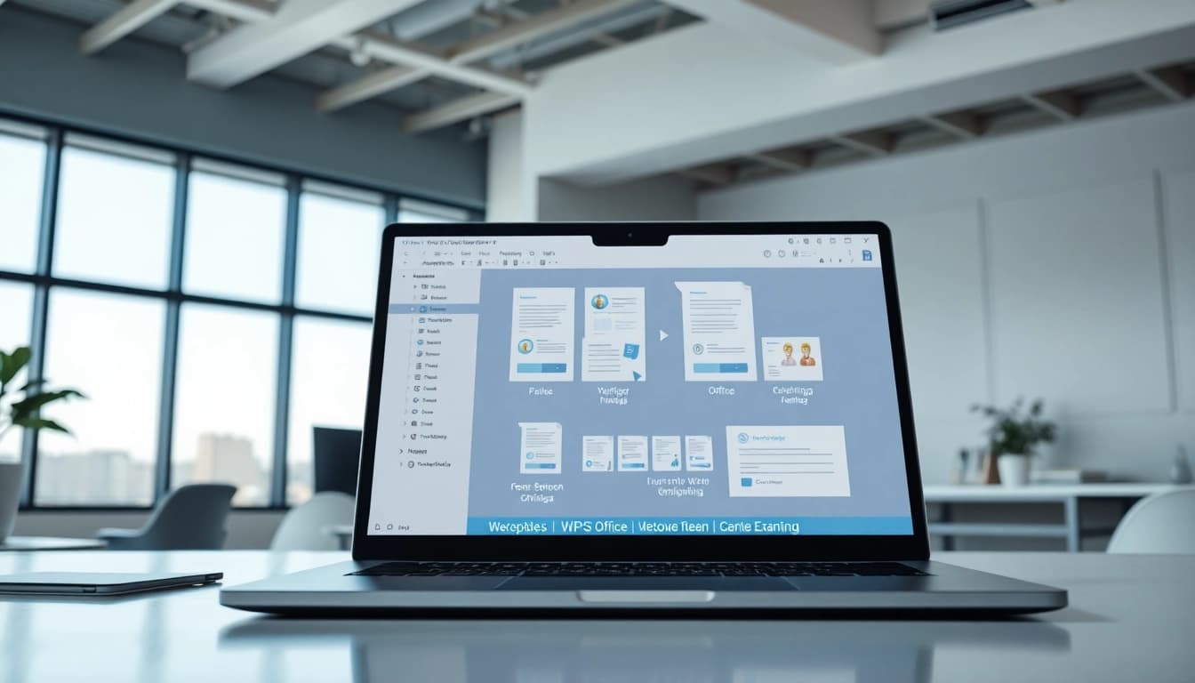 Discover wps下载 within a modern workspace featuring WPS Office suite interface on a laptop.