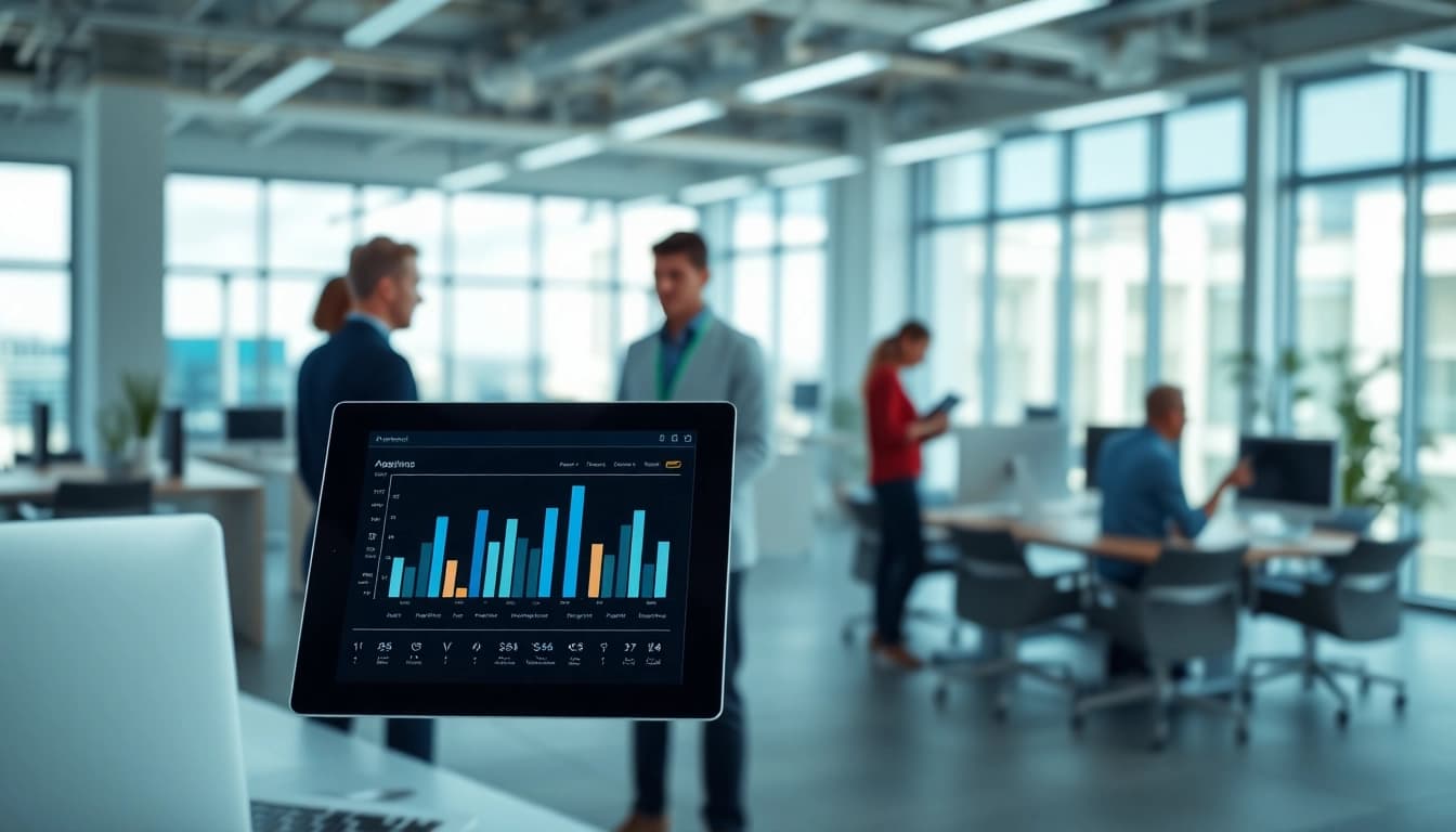 Showcasing enterprise assistant software in a digital workspace facilitating teamwork and productivity.