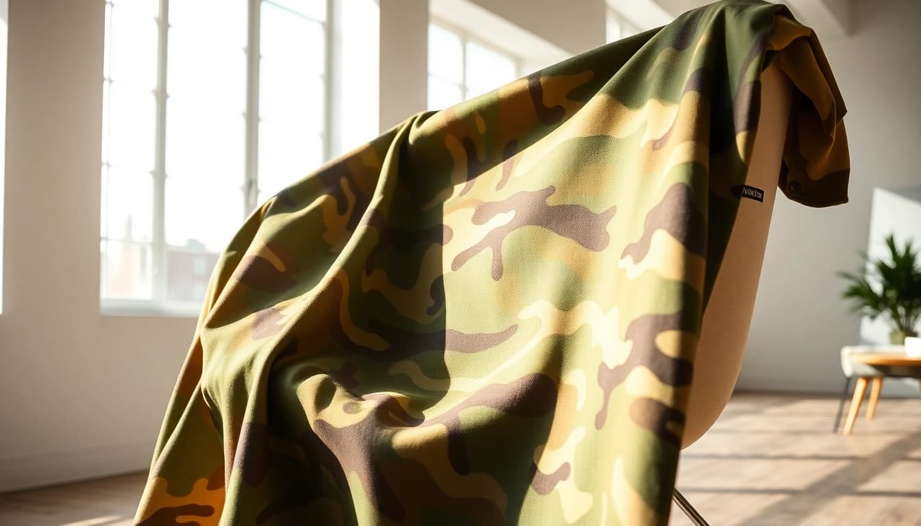 Bekijk army print katoen op een stijlvolle stoel in een lichte ruimte.