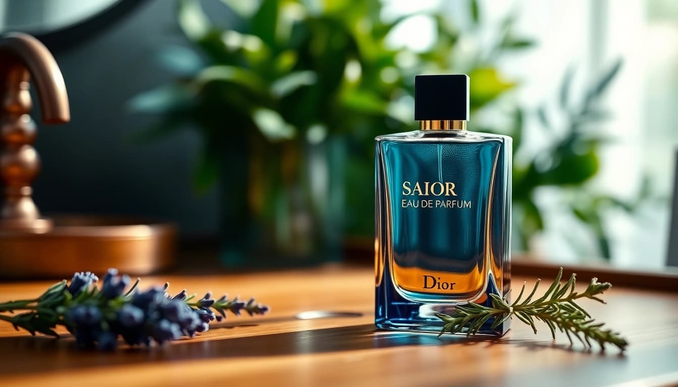 Admiring the exquisite dior sauvage eau de parfum bottle amidst aromatic herbs for a sensory experience.