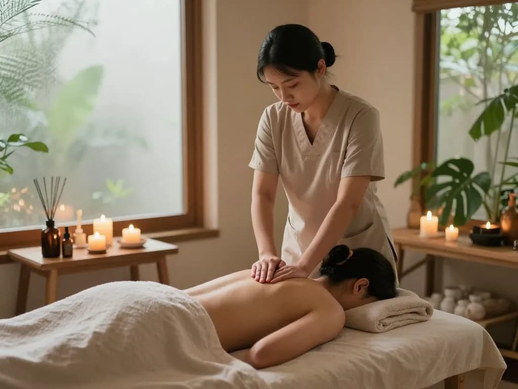 Massage therapist at https://www.makangs.com/ providing a Swedish massage in a tranquil spa setting, candles and aromatherapy oils enhance relaxation.