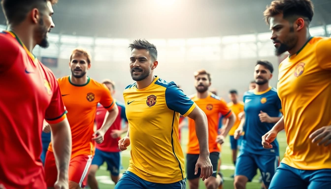 Showcase of team football kits in a lively training environment, displaying energy and teamwork.