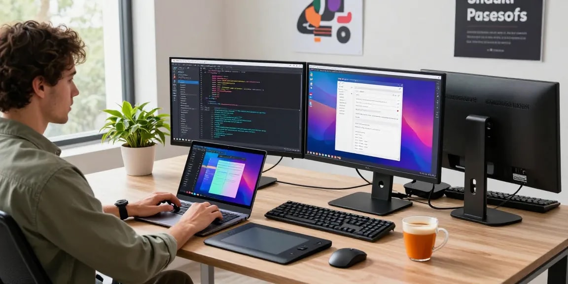 Innovative workspace for software development featuring snipaste官网, dual monitors displaying code, and greenery.