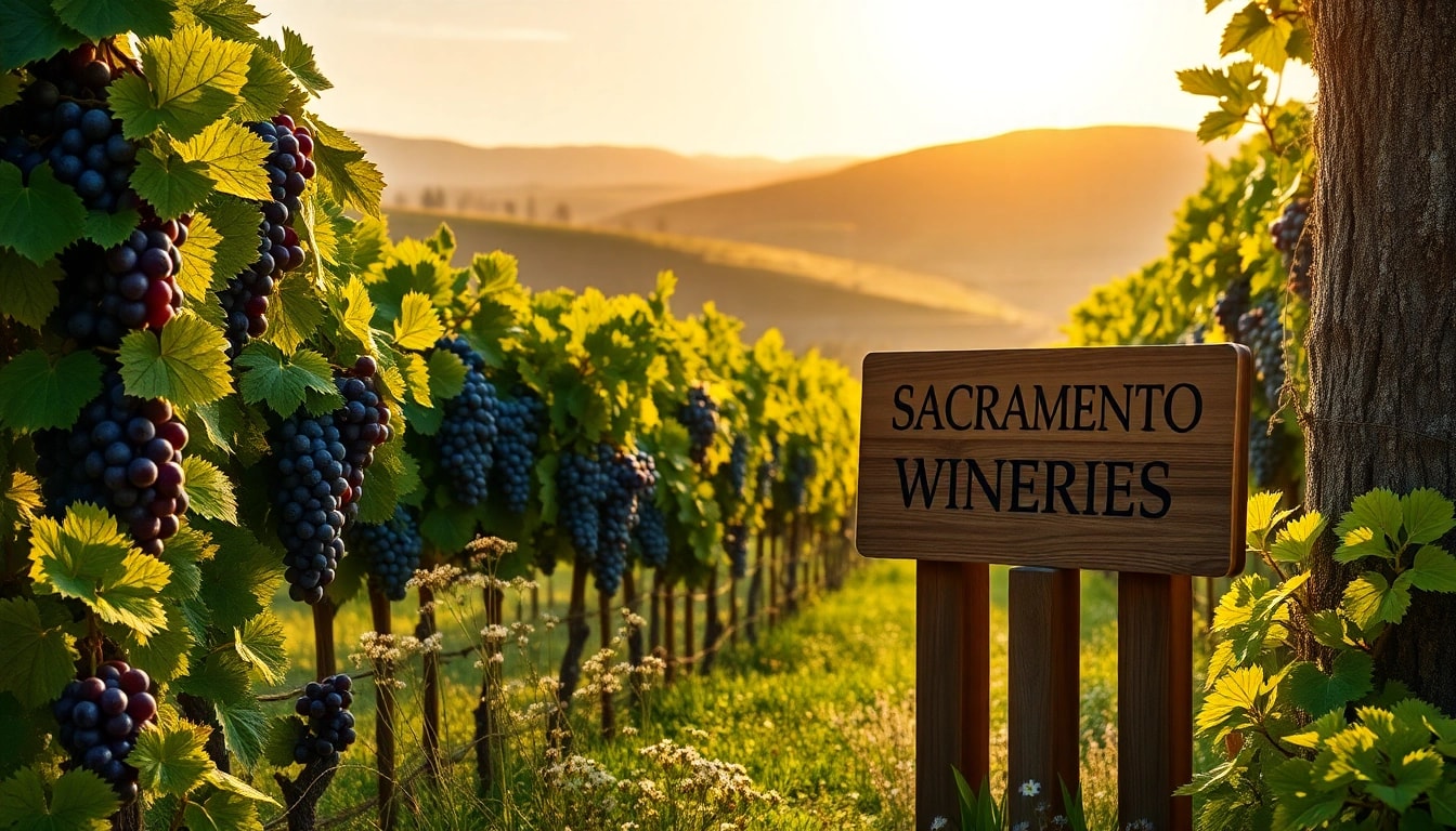 Visitors enjoy a beautiful view of Sacramento Wineries with lush grapes and a warm sunset glow.