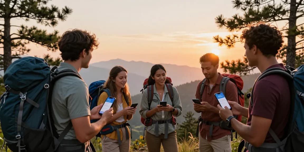 Travelers exploring airalo esim.coupons for the best eSIM plans amidst stunning mountain views