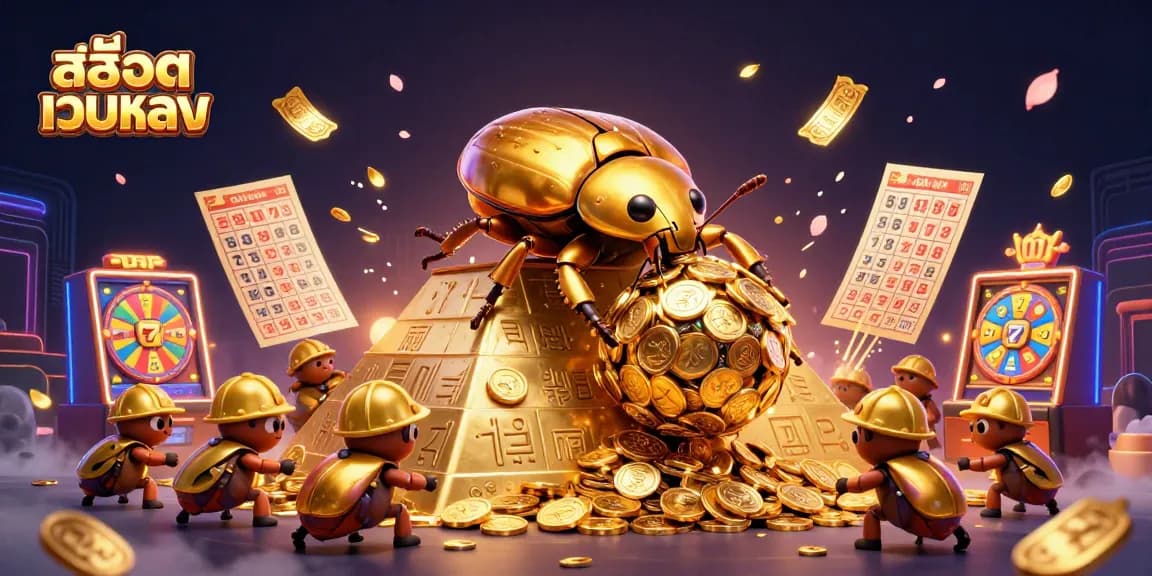 Experience the thrill of สล็อตเว็บตรง with vibrant slot reels and golden coin jackpots in this lively illustration.