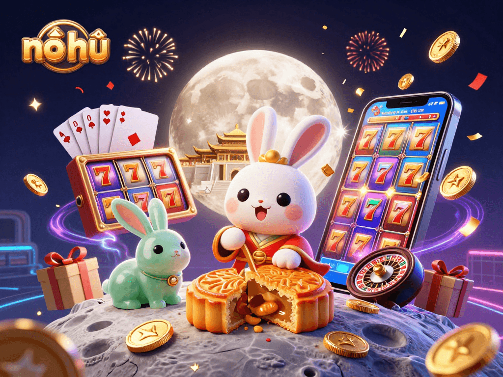 Play nổ hũ with vibrant slots and lunar themes in this colorful 3D illustration.