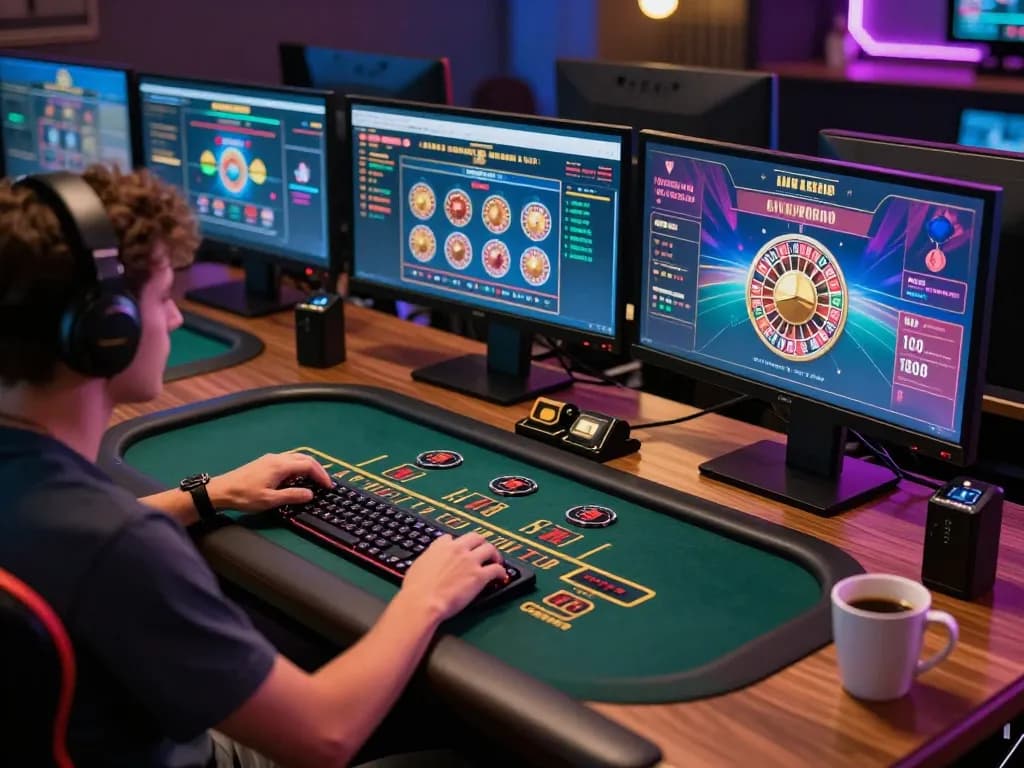 Nohu gaming session with a user playing live dealer games on multiple screens in a cozy home setup