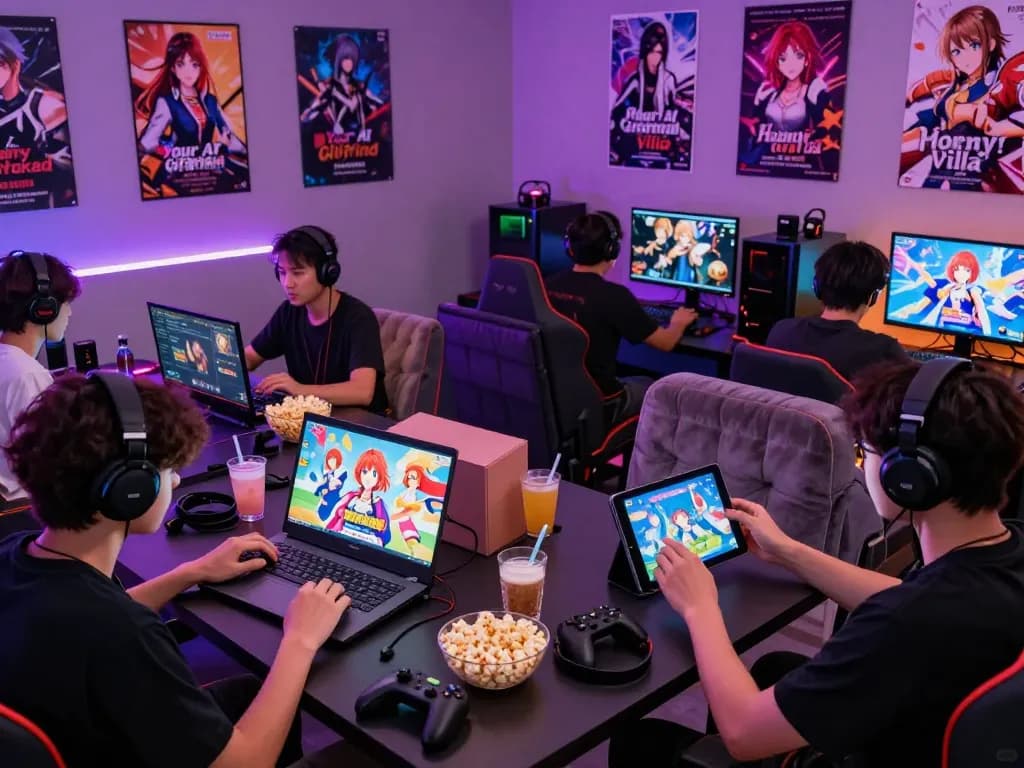 Diverse players enjoying a free porn game in a vibrant gaming lounge, surrounded by colorful visuals and gaming decor.