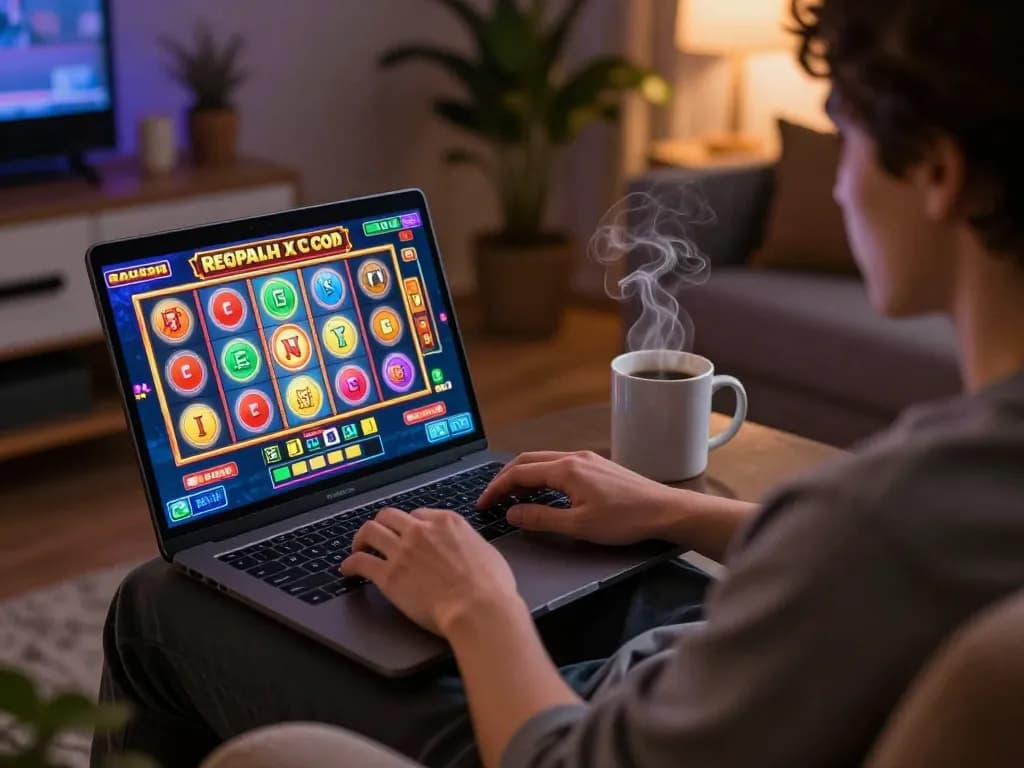 Engaged player spinning slot gacor reels at home, showcasing vibrant online gaming atmosphere