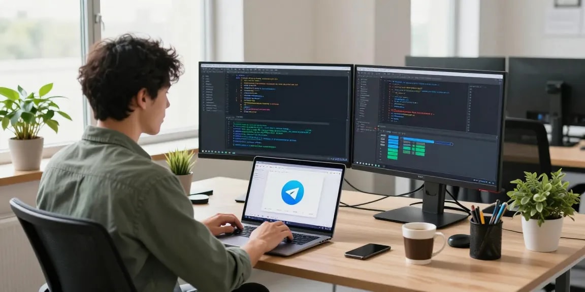 Developer using telegram中文版下载 interface on modern workspace setup with dual monitors.