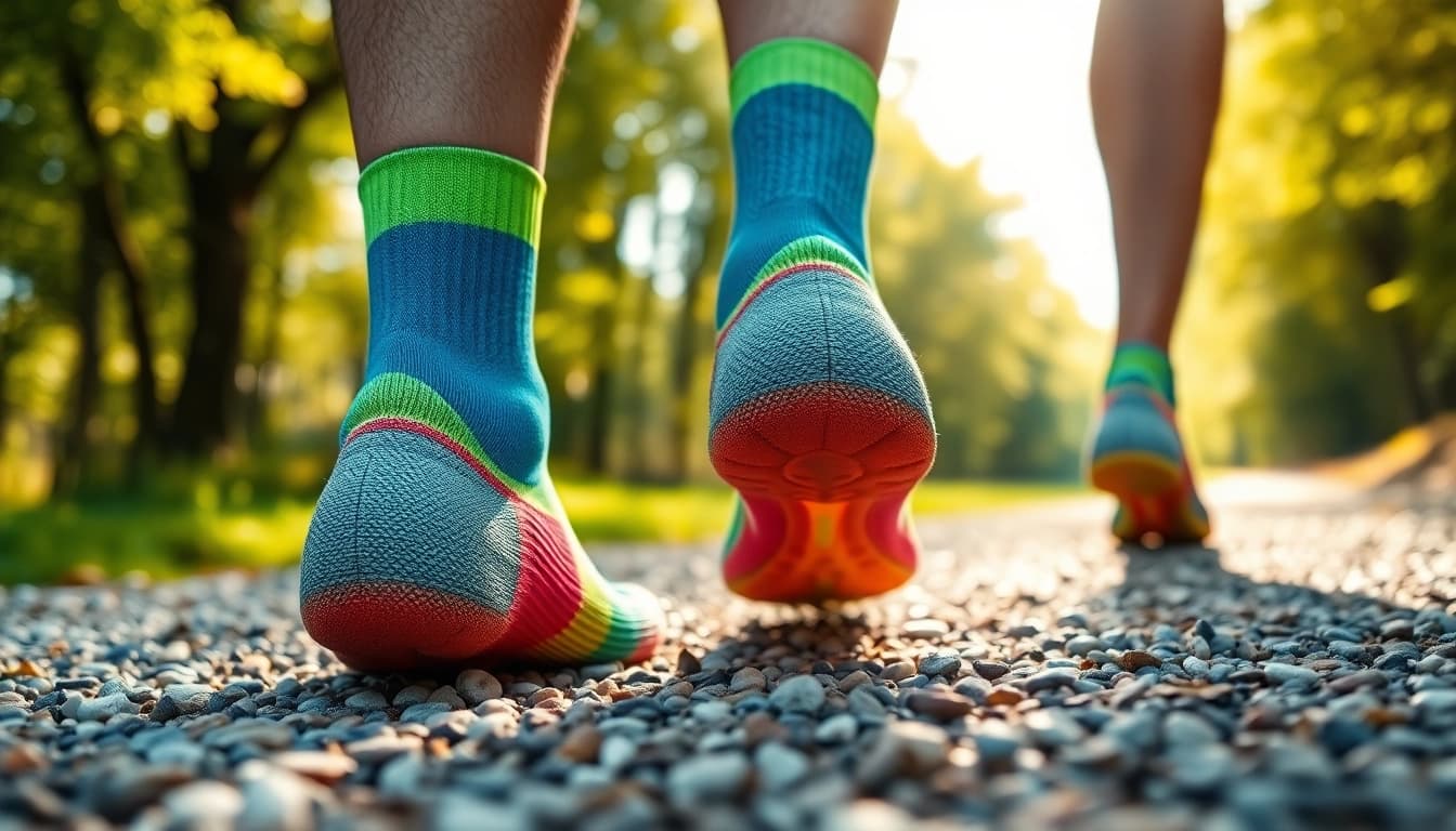 Featuring cushioned running socks designed for comfort and performance on an outdoor trail.