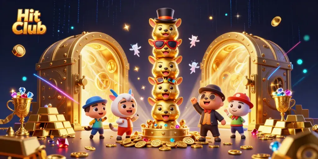 Engage with Hit Club's dynamic casino world featuring vibrant characters and dazzling gold.
