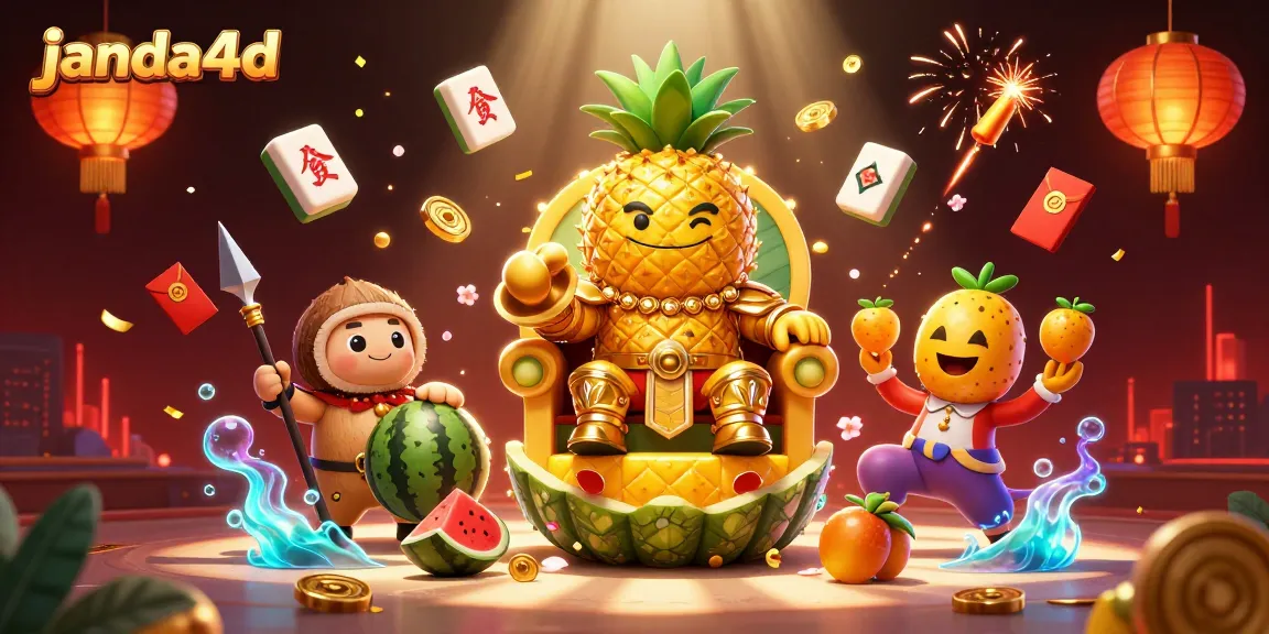 Janda4d menghadirkan kasino online dengan raja nanas emas dan jester mango di pantai.