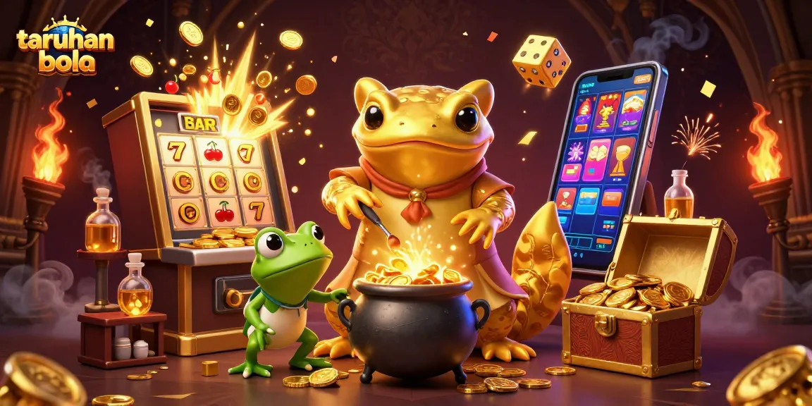 Bet on taruhan bola with vivid illustrations of a golden salamander alchemist and rich casino elements.