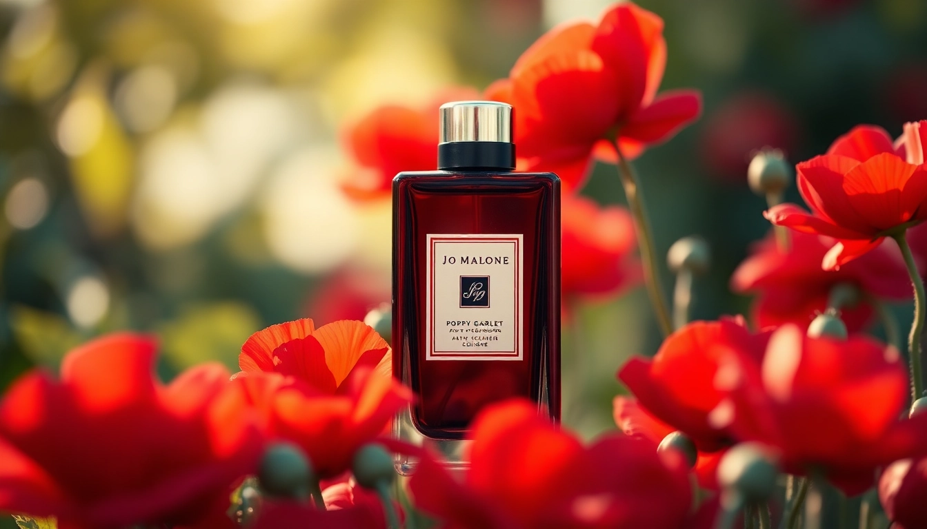 Experience the captivating scent of Jo malone Poppy scarlet surrounded by vibrant scarlet poppy flowers.